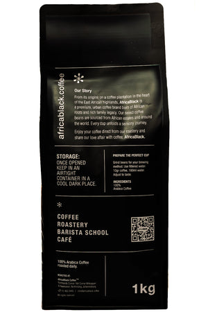 Black coffee packaging with text and a QR code on a white background