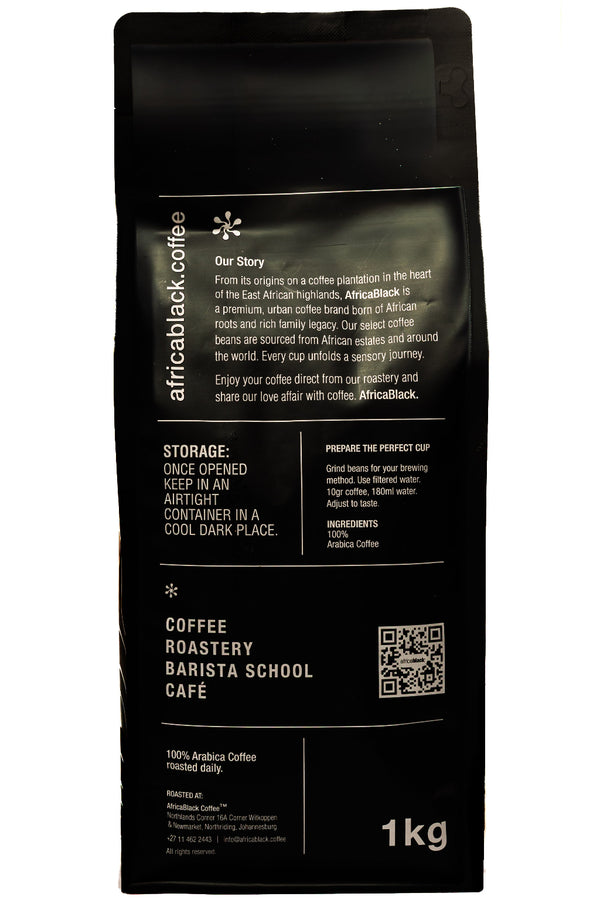 Black coffee packaging with text and a QR code on a white background