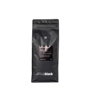 Black matte vintage black coffee bag with resealable top featuring beans from africa central america